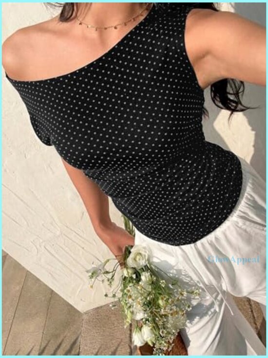 Off Shoulder Sleeveless Tank Top Ruched Slim Fit Polka Dot Y2K - Picture 5 of 7